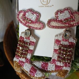 Laura Janelle Beaded Rhinestone Cowgirl Cowboy Boot Pink Earrings NEW